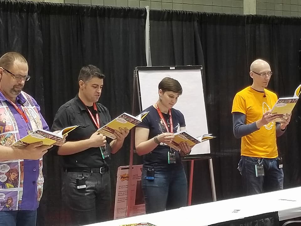 Reading with Pictures live reading event. From left to right: Jim McClain, Josh Elder, Amy Hopkins, and myself